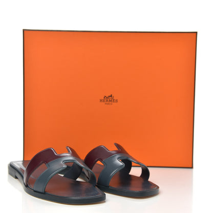 Hermes Box Calfskin Oran Sandals 36.5 Bleu Ardoise Bordeaux 8 of 8