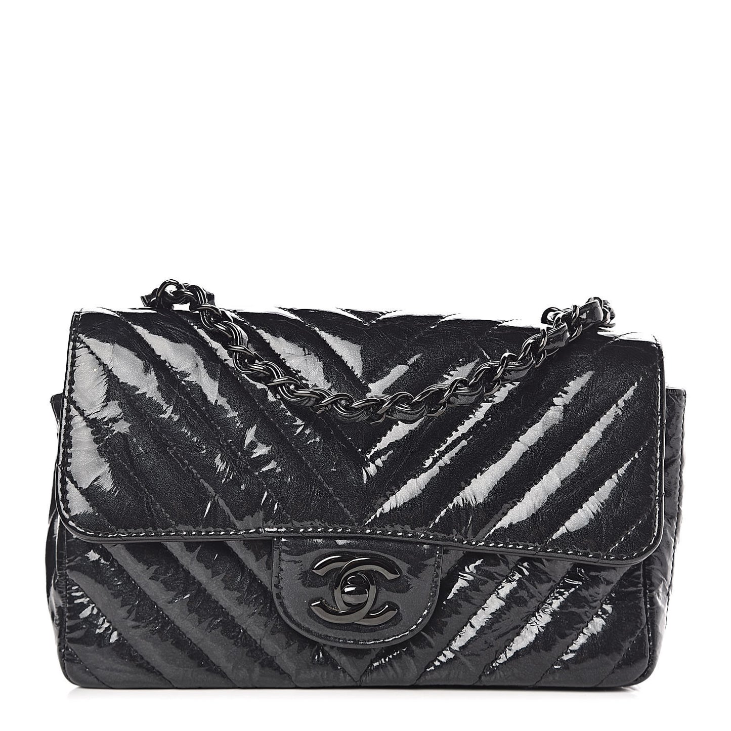 Patent Metallic Crumpled Calfskin Chevron Quilted Mini Rectangular Flap So Black