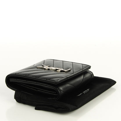 Saint Laurent Grain De Poudre Matelasse Chevron Monogram Compact Wallet Black 4 of 7
