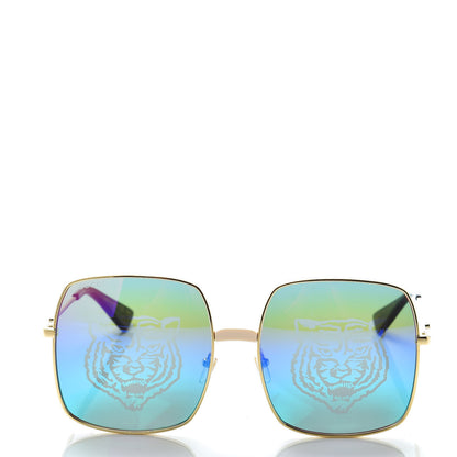 Gucci Metal Rectangular Frame Tiger Print Sunglasses GG0414S Gold 2 of 8