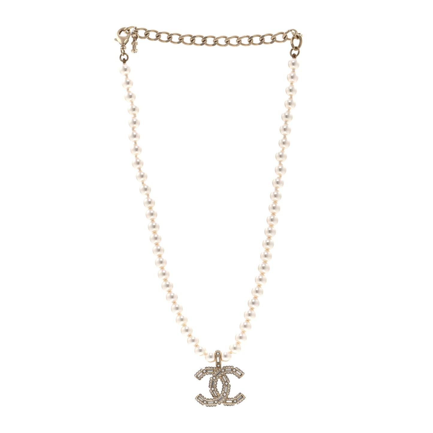Pearl Crystal Baguette CC Short Necklace Gold