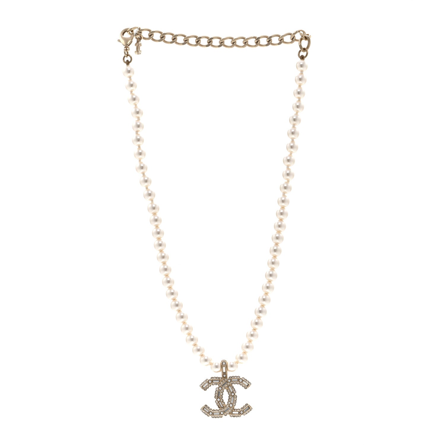 Chanel Pearl Crystal Baguette CC Short Necklace Gold 3 of 6