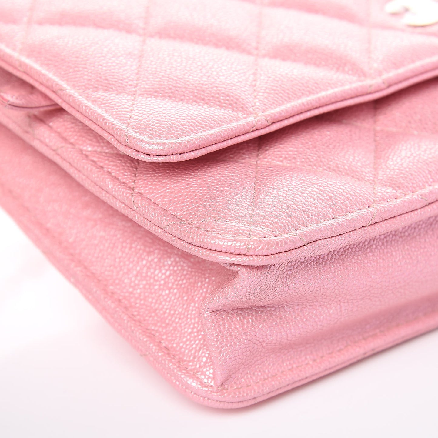 Iridescent Caviar Quilted Wallet on Chain WOC Rose Pink