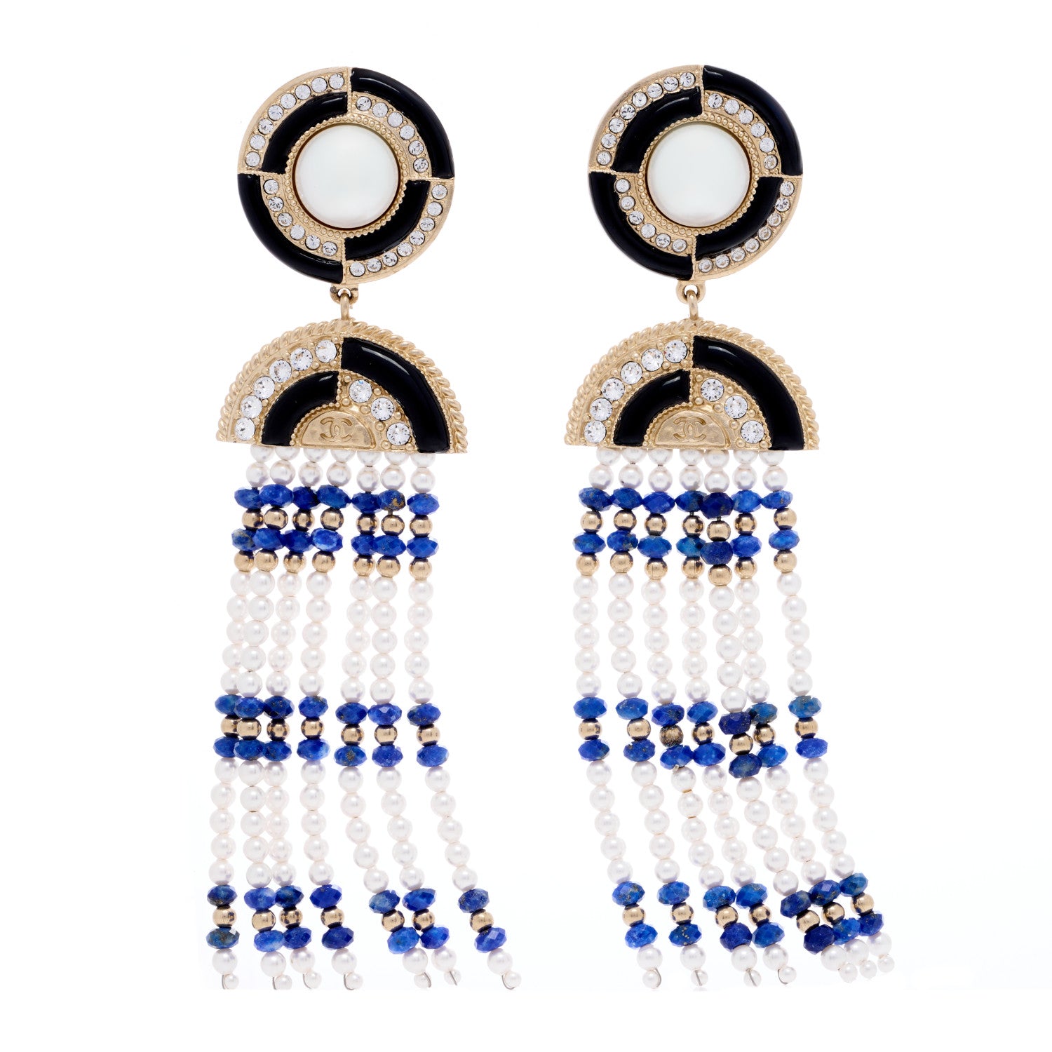 Chanel Resin Pearl Crystal Ramses Jewels Drop Earrings Gold Blue 1 of 4