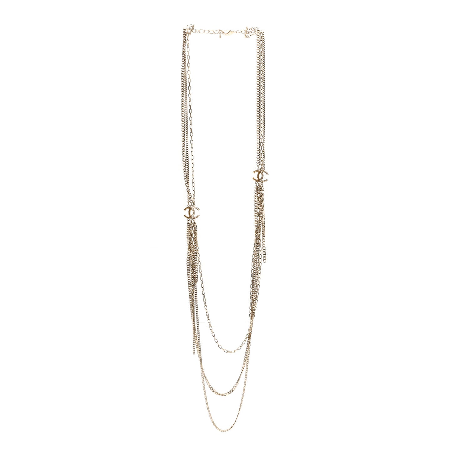 Baguette Crystal Gripoix Poured Glass CC Multi Strand Chain Necklace Light Gold
