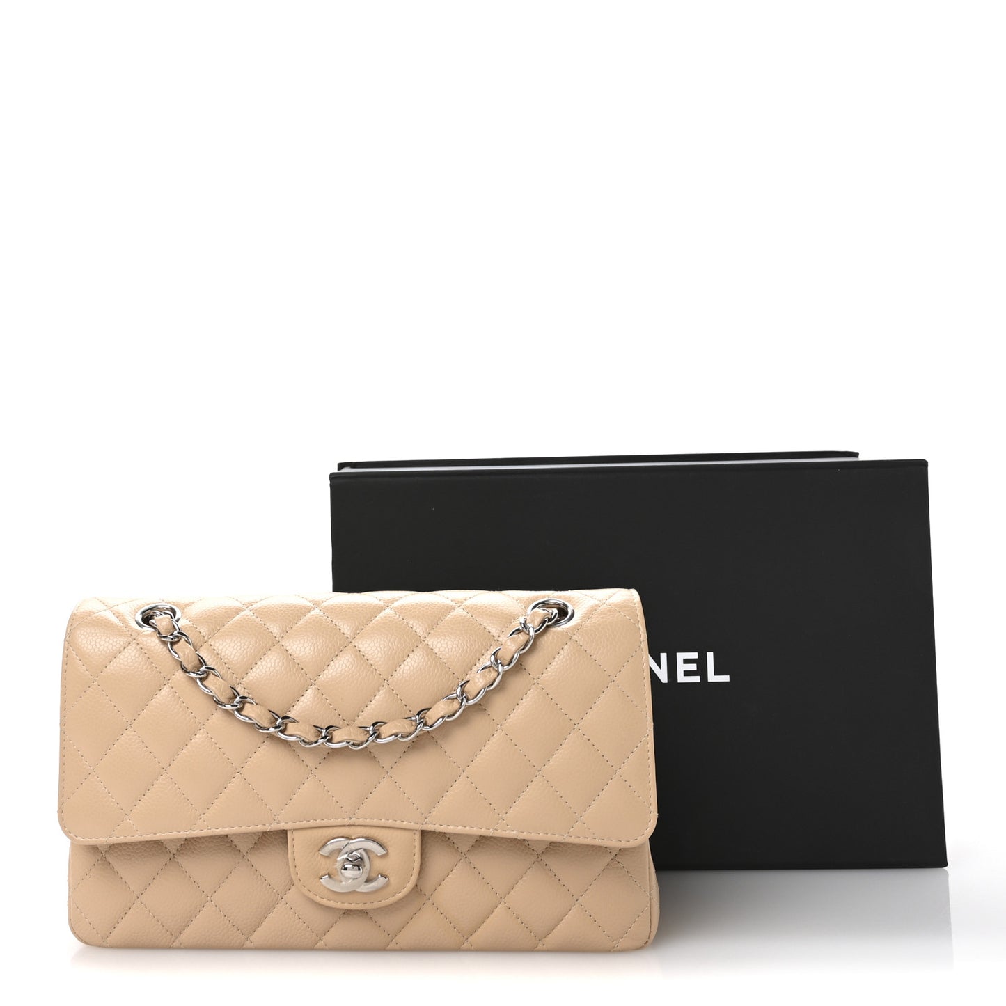 Caviar Quilted Medium Double Flap Beige