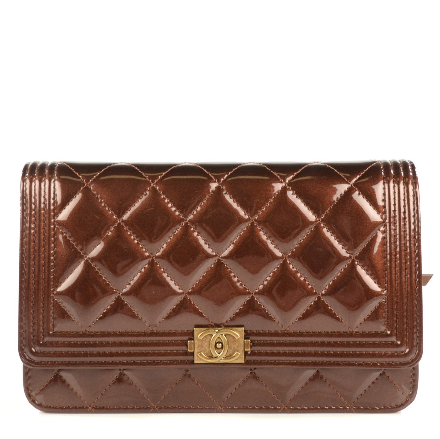 Chanel Patent Calfskin Quilted Boy Wallet On Chain WOC Brown 1 of 9