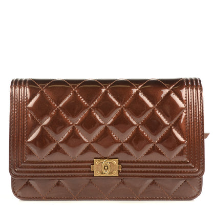 Chanel Patent Calfskin Quilted Boy Wallet On Chain WOC Brown 1 of 9