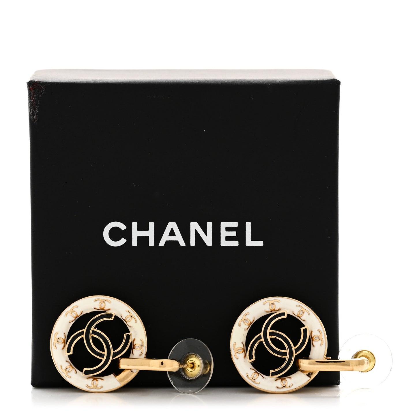 Metal Enamel CC Round Drop Earrings Gold Black White
