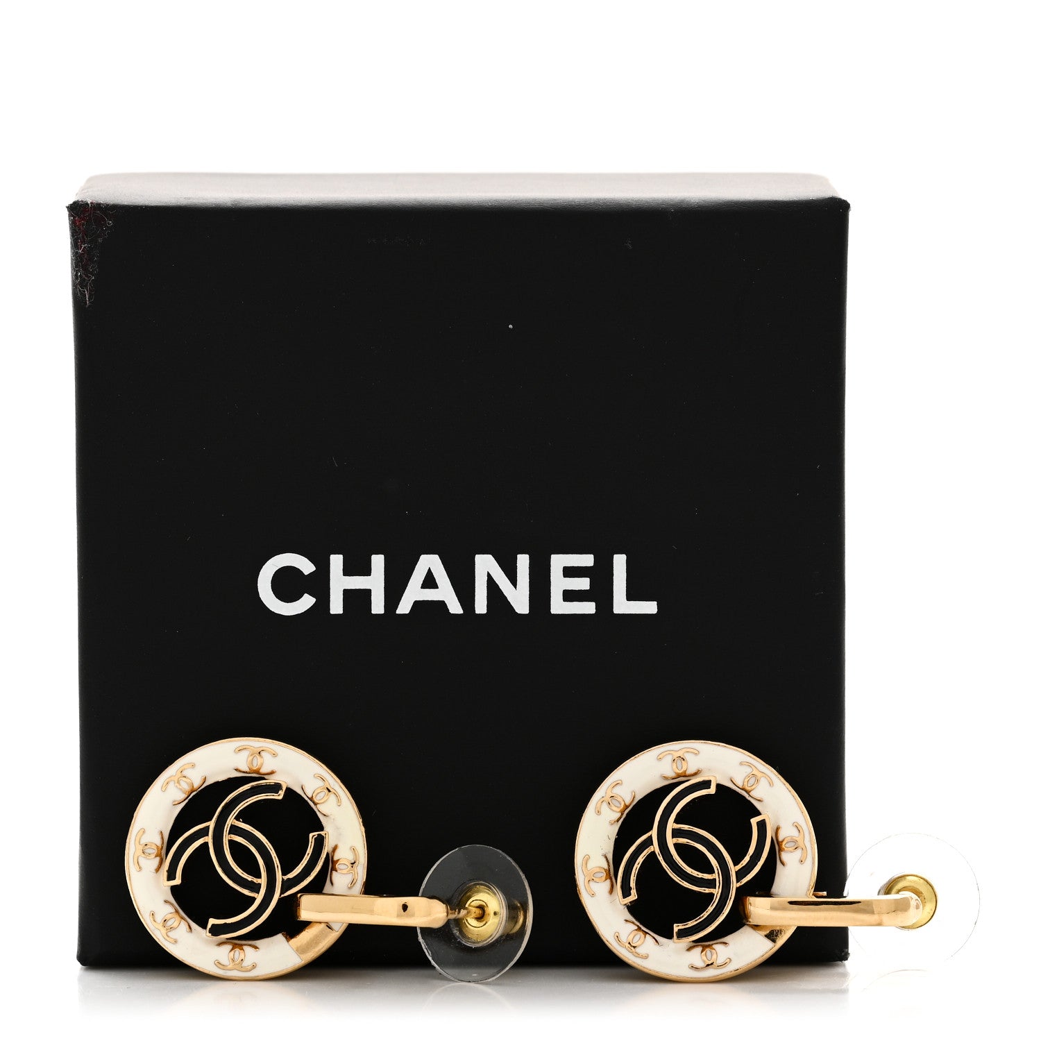 Chanel Metal Enamel CC Round Drop Earrings Gold Black White 5 of 5