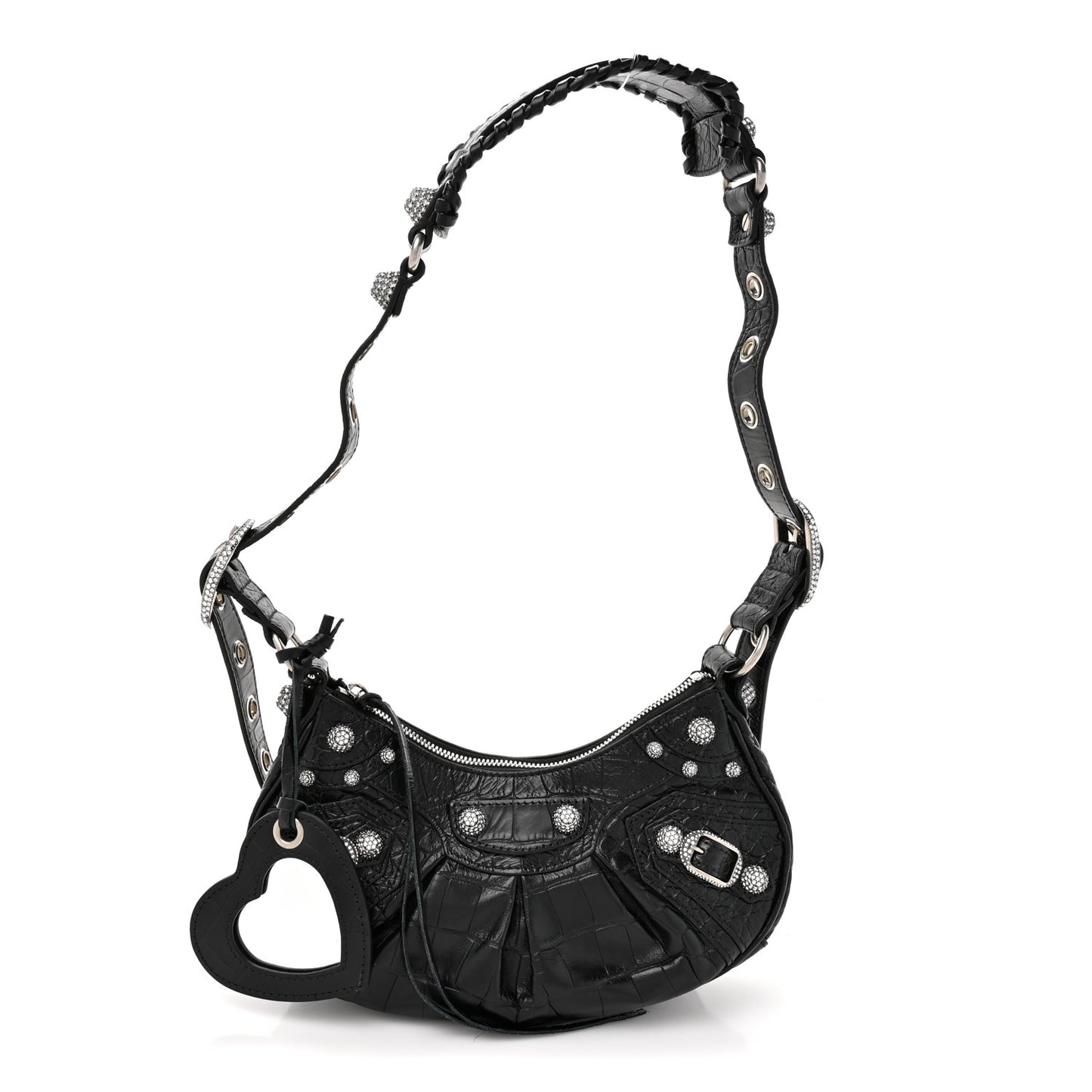 Extra Supple Calfskin Crystal Crocodile Embossed Le Cagole Shoulder Bag XS Black