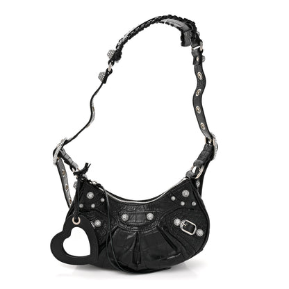 Balenciaga Extra Supple Calfskin Crystal Crocodile Embossed Le Cagole Shoulder Bag XS Black 3 of 11