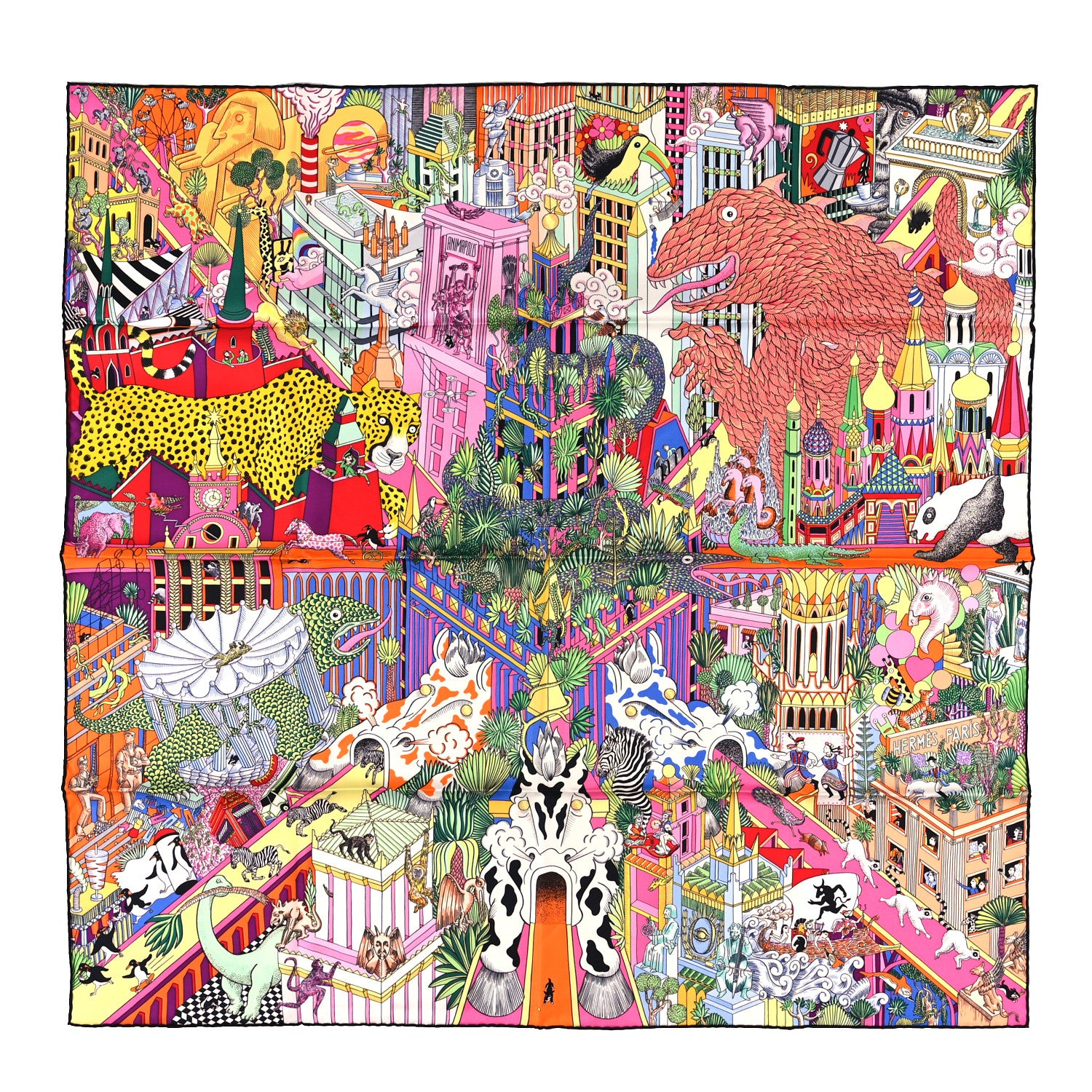 Hermes Silk Animapolis Scarf 90 Jaune Vif Vert Rose 1 of 3