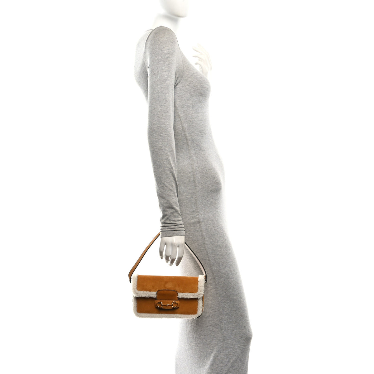 Gucci Suede Shearling Horsebit Mini 1955 Shoulder Bag Honey Beige Milk 2 of 12