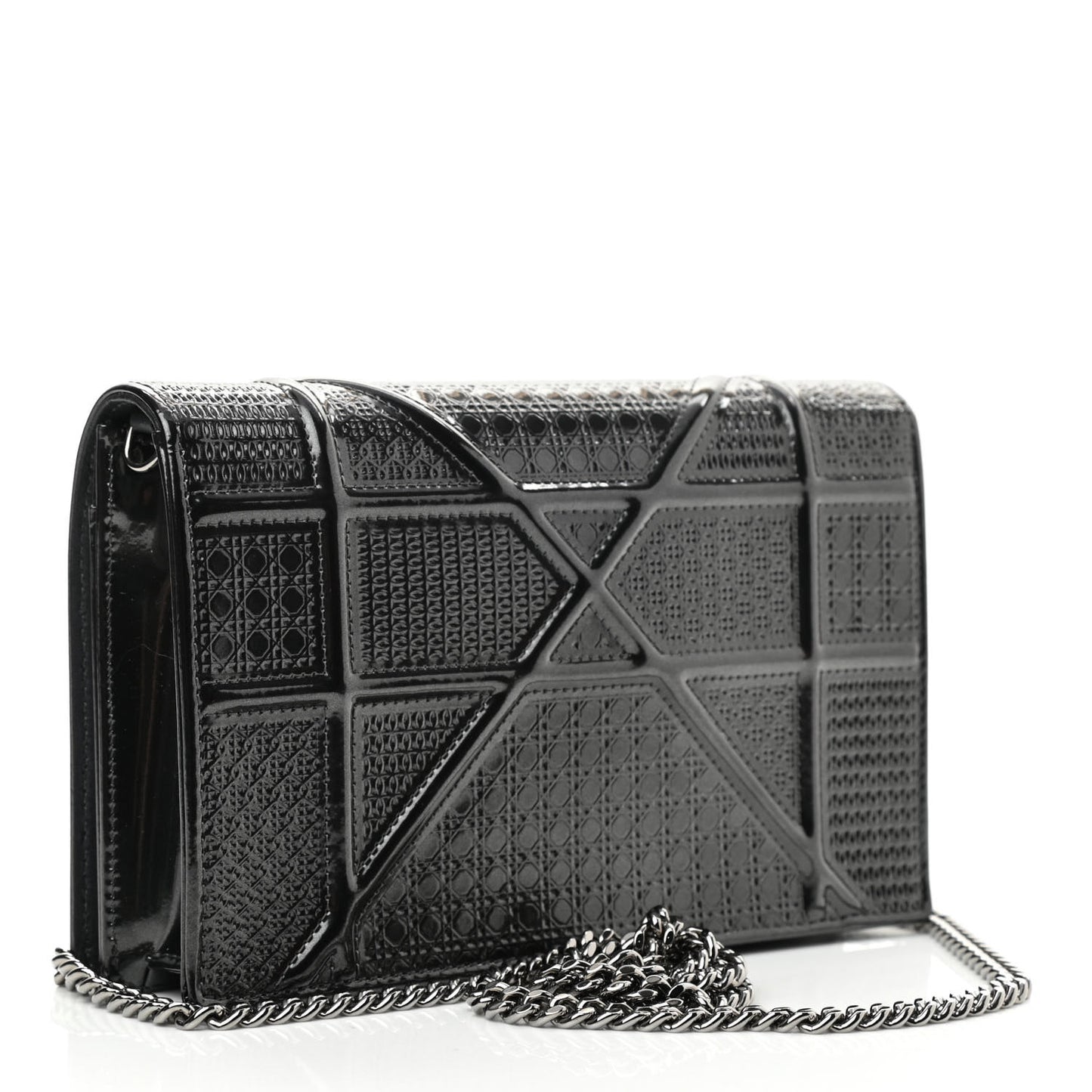 Metallic Patent Micro-Cannage Diorama Wallet on Chain Pouch Black