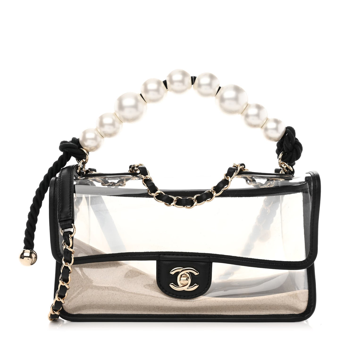 Lambskin PVC Sand By The Sea Flap With Pearl Strap Black