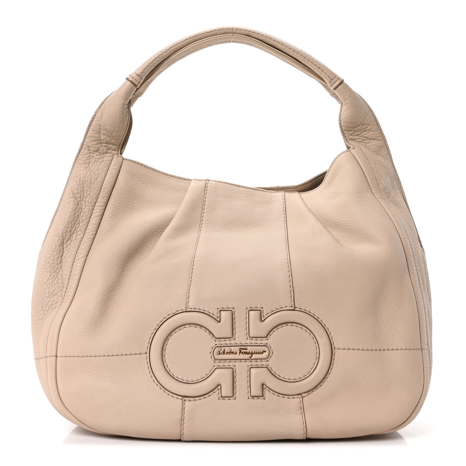 Salvatore Ferragamo Calfskin Gancini Stitched Hobo Beige 1 of 9