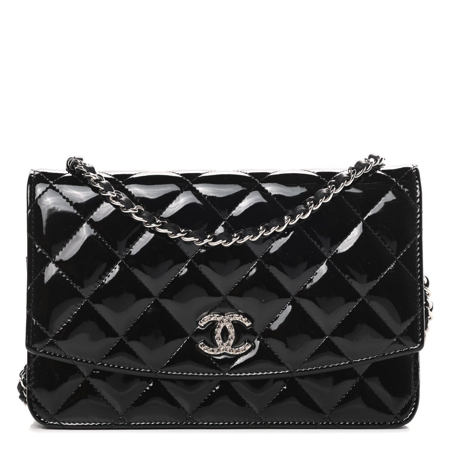 Patent Quilted Brilliant Wallet On Chain WOC Black