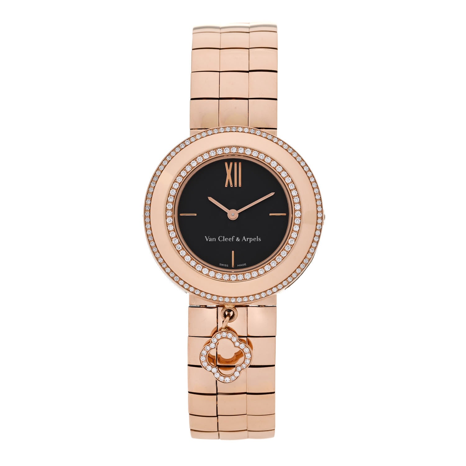Van Cleef & Arpels 18K Rose Gold Diamond Bezel 32mm Charms Quartz Watch Black 1 of 6
