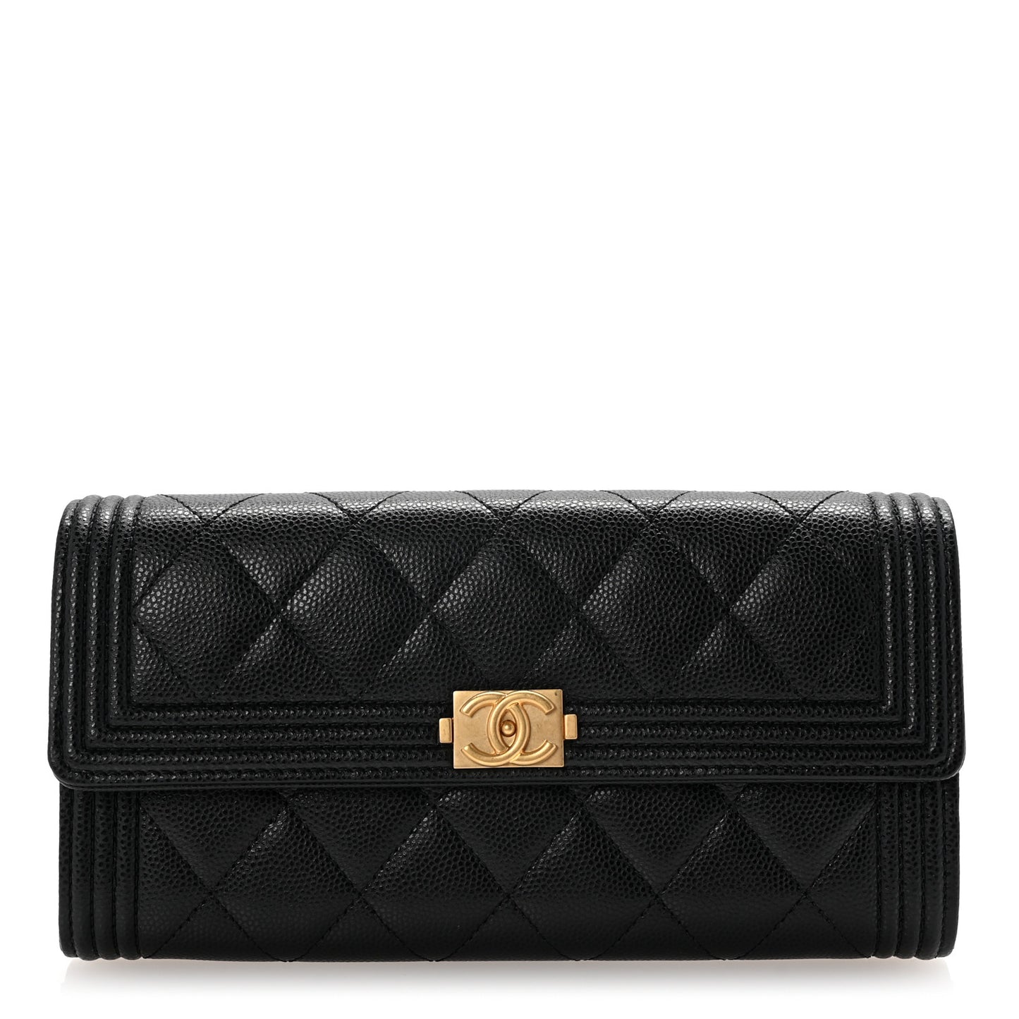 Caviar Quilted Large Boy Gusset Flap Wallet Black