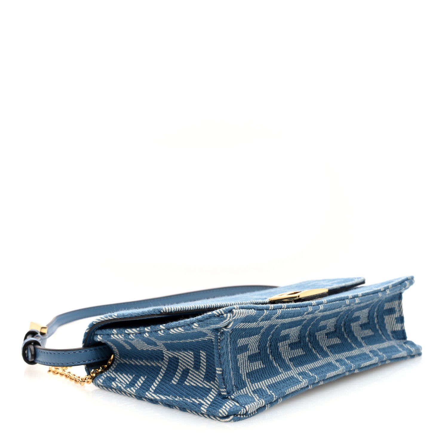 Fendi Denim Effect Fabric Jacquard FF 1974 Wallet On Chain Baguette Blue White 4 of 9