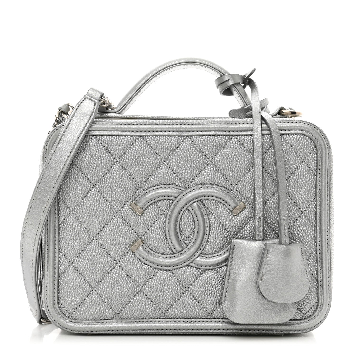 Chanel Metallic Caviar Quilted Medium CC Filigree Vanity Case Silver 1 of 12