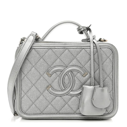 Chanel Metallic Caviar Quilted Medium CC Filigree Vanity Case Silver 1 of 12