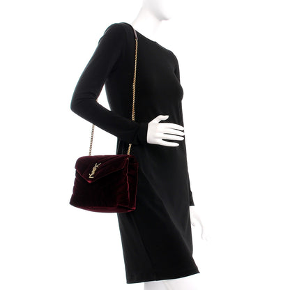 Saint Laurent Velvet Y Quilted Monogram Small Loulou Chain Satchel Burgundy 2 of 12