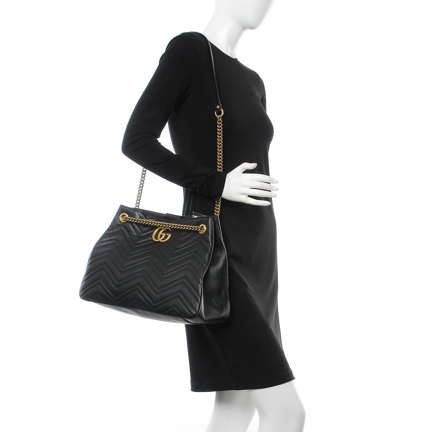 Gucci Calfskin Matelasse Medium GG Marmont Shoulder Tote Bag Black 2 of 7