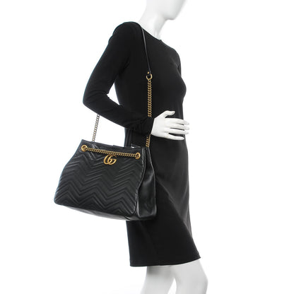 Gucci Calfskin Matelasse Medium GG Marmont Shoulder Tote Bag Black 2 of 7