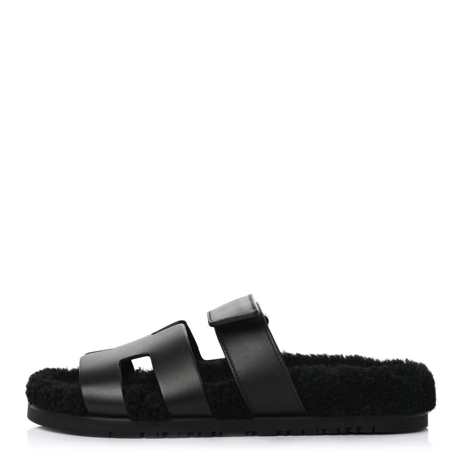 Hermes Calfskin Woolskin Womens Chypre Sandals 37.5 Black 1 of 10