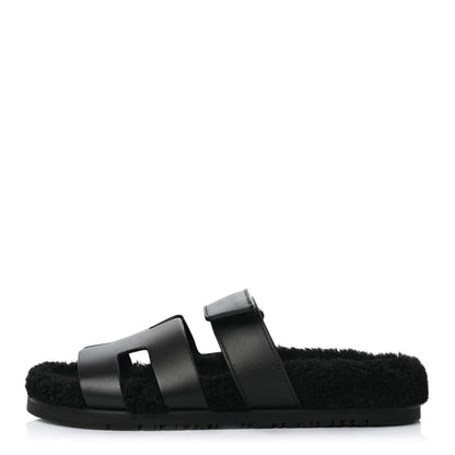 Hermes Calfskin Woolskin Womens Chypre Sandals 37.5 Black 1 of 10