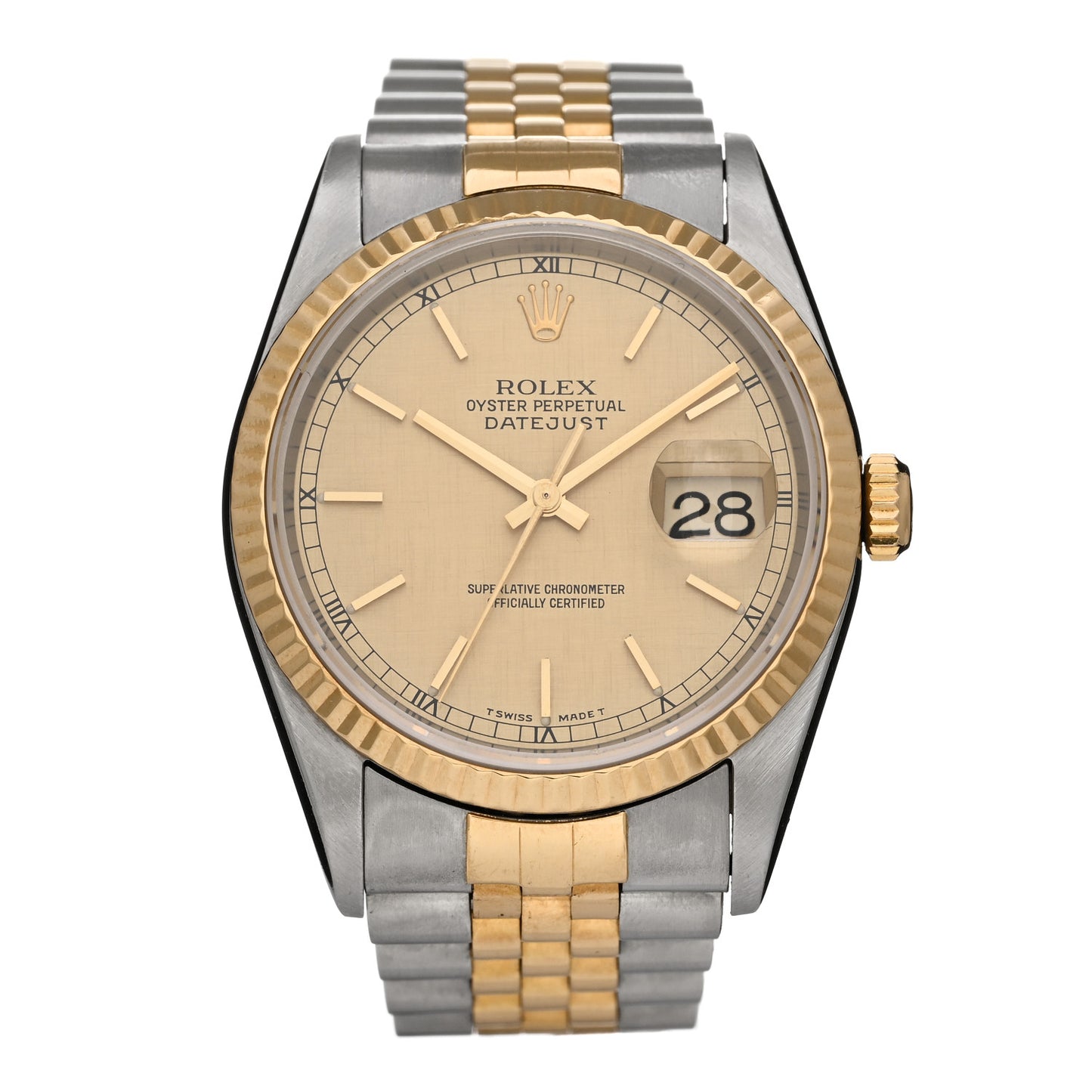Stainless Steel 18K Yellow Gold 36mm Oyster Perpetual Datejust Watch Champagne Linen 16233