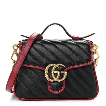 Gucci Vintage Effect Calfskin Matelasse Diagonal Mini Torchon GG Marmont Top Handle Shoulder Bag Black Romantic Cherry 1 of 10