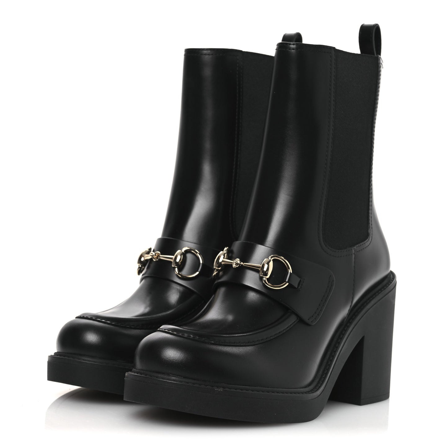 Calfskin Horsebit Double Stretch Rib Womens Ankle Boots 38.5 Black