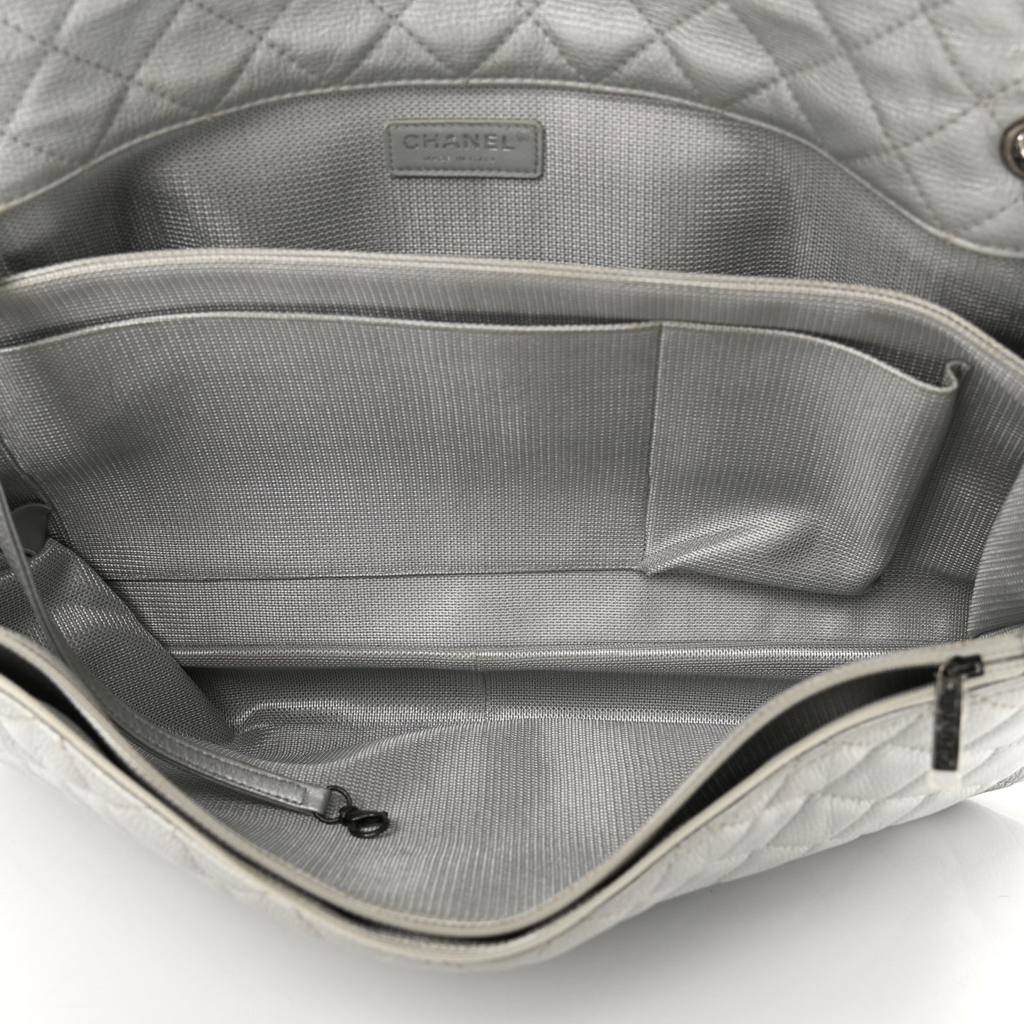 Metallic Calfskin Quilted XXL Travel Flap Bag Silver