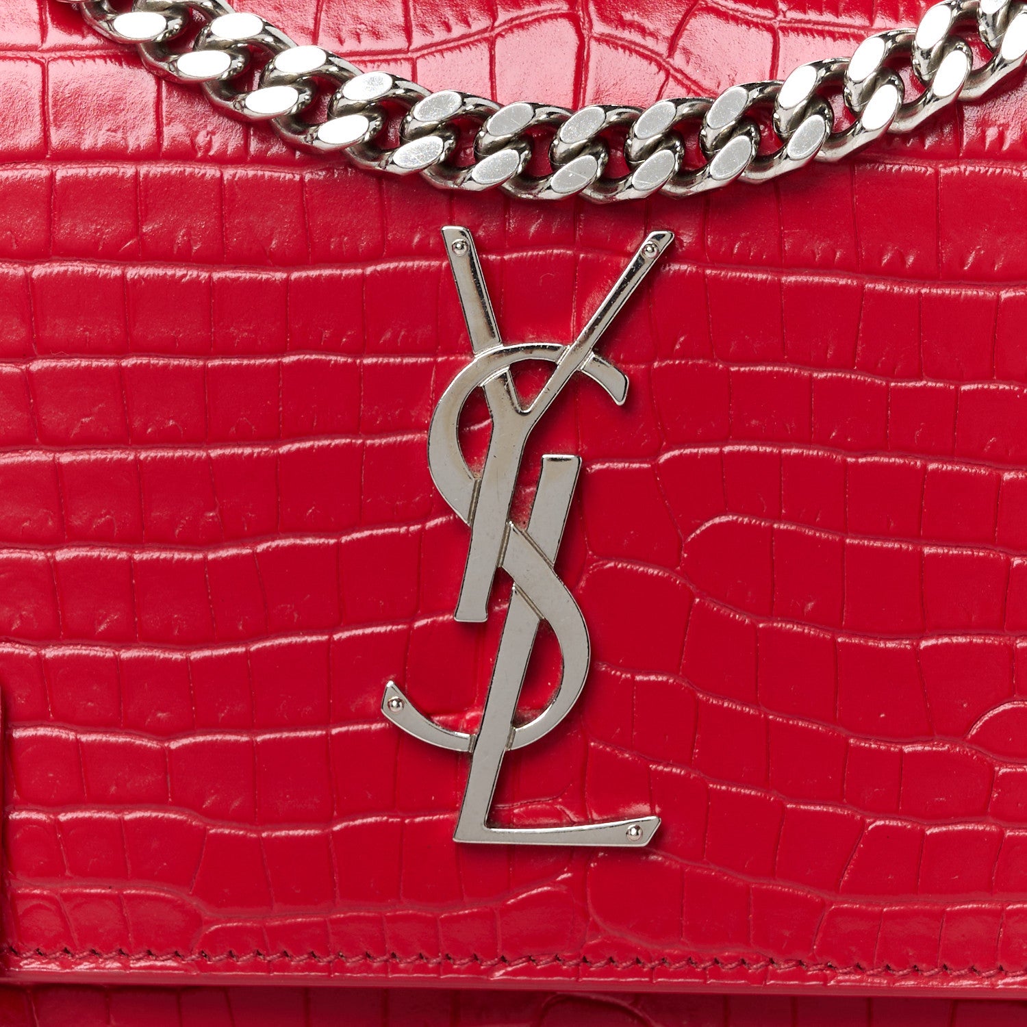 Saint Laurent Calfskin Crocodile Embossed Medium Monogram Sunset Rouge Eros 10 of 12