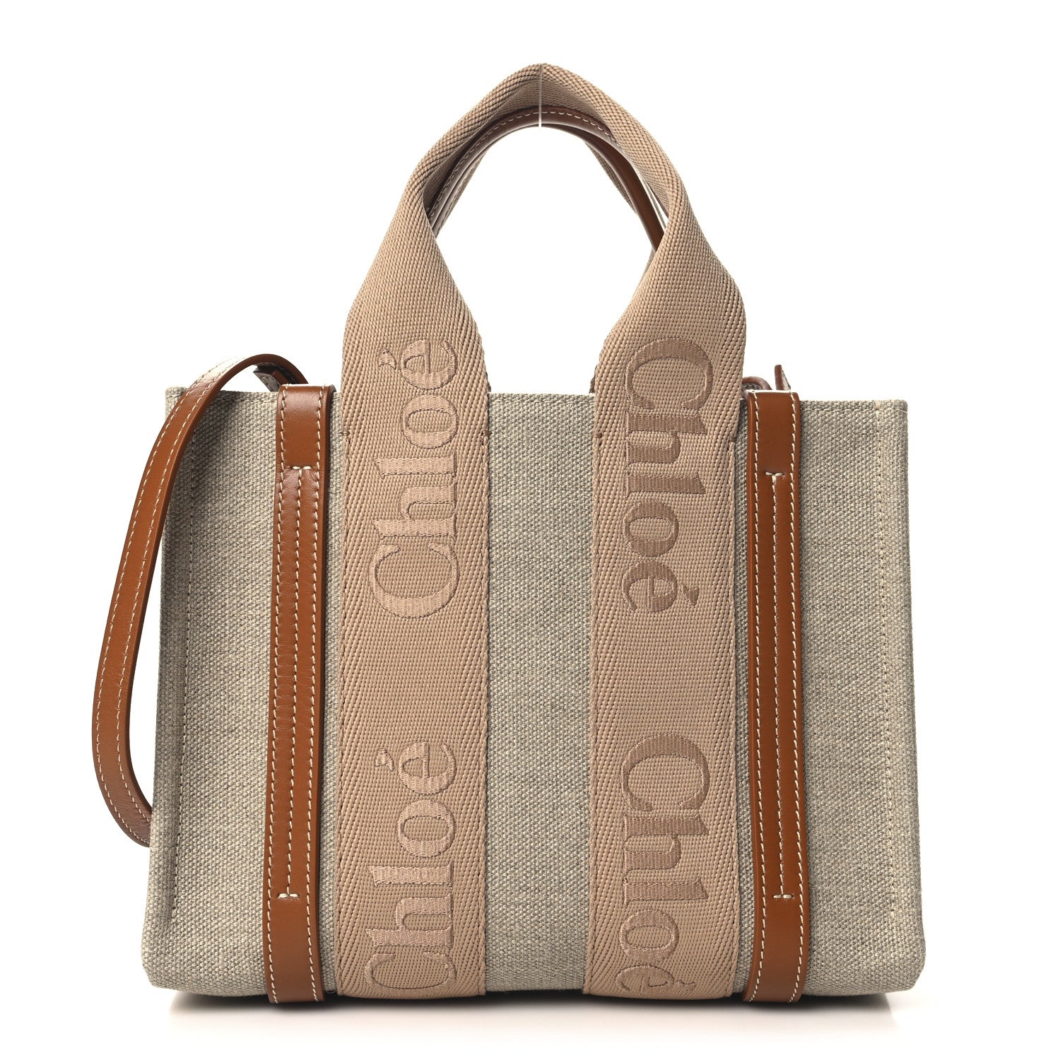Chloe Linen Calfskin Small Woody Ribbon Tote With Strap Soft Tan 1 of 9