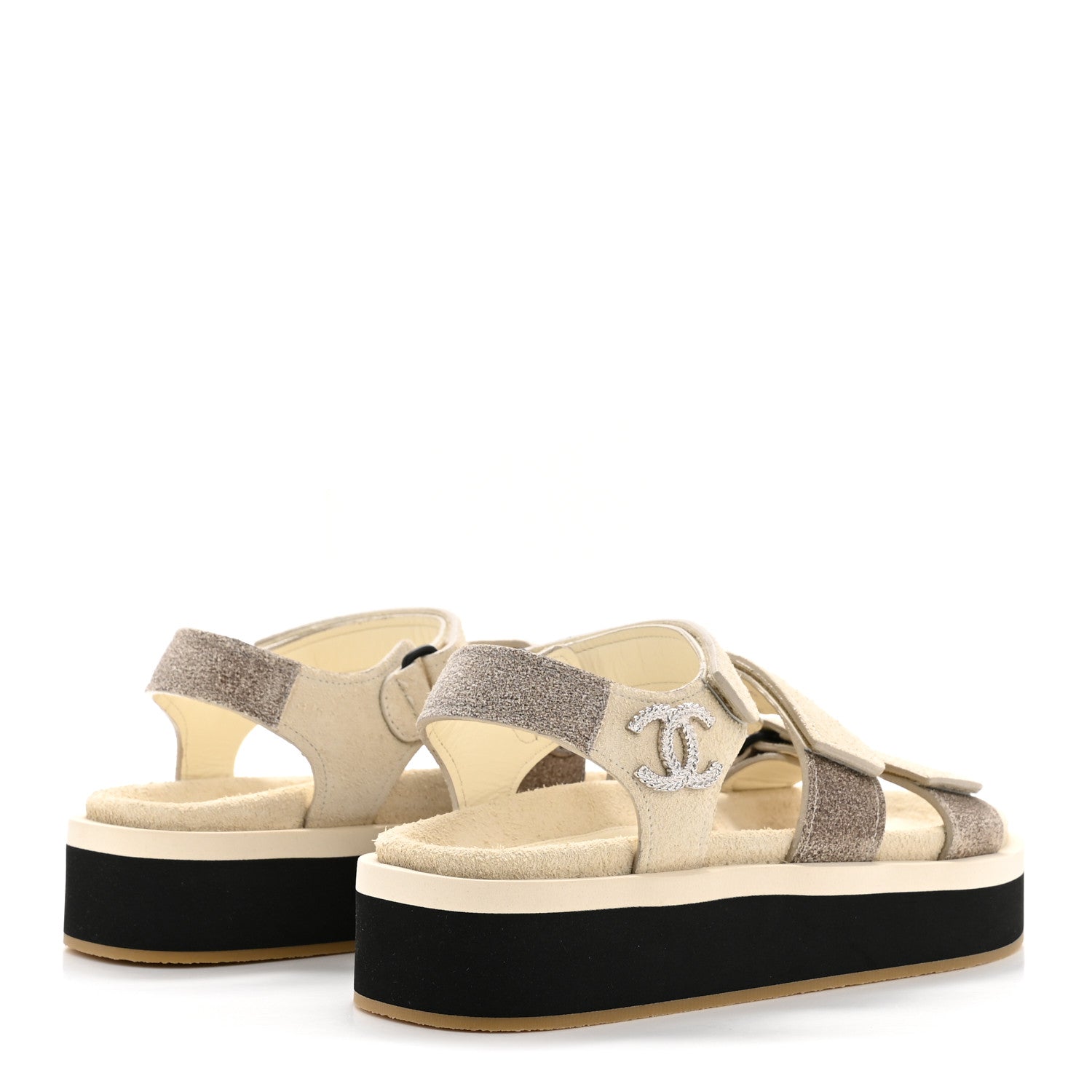 Chanel Suede Calfskin Velcro Flat Sandals 36 Ecru Dark Beige 10 of 20