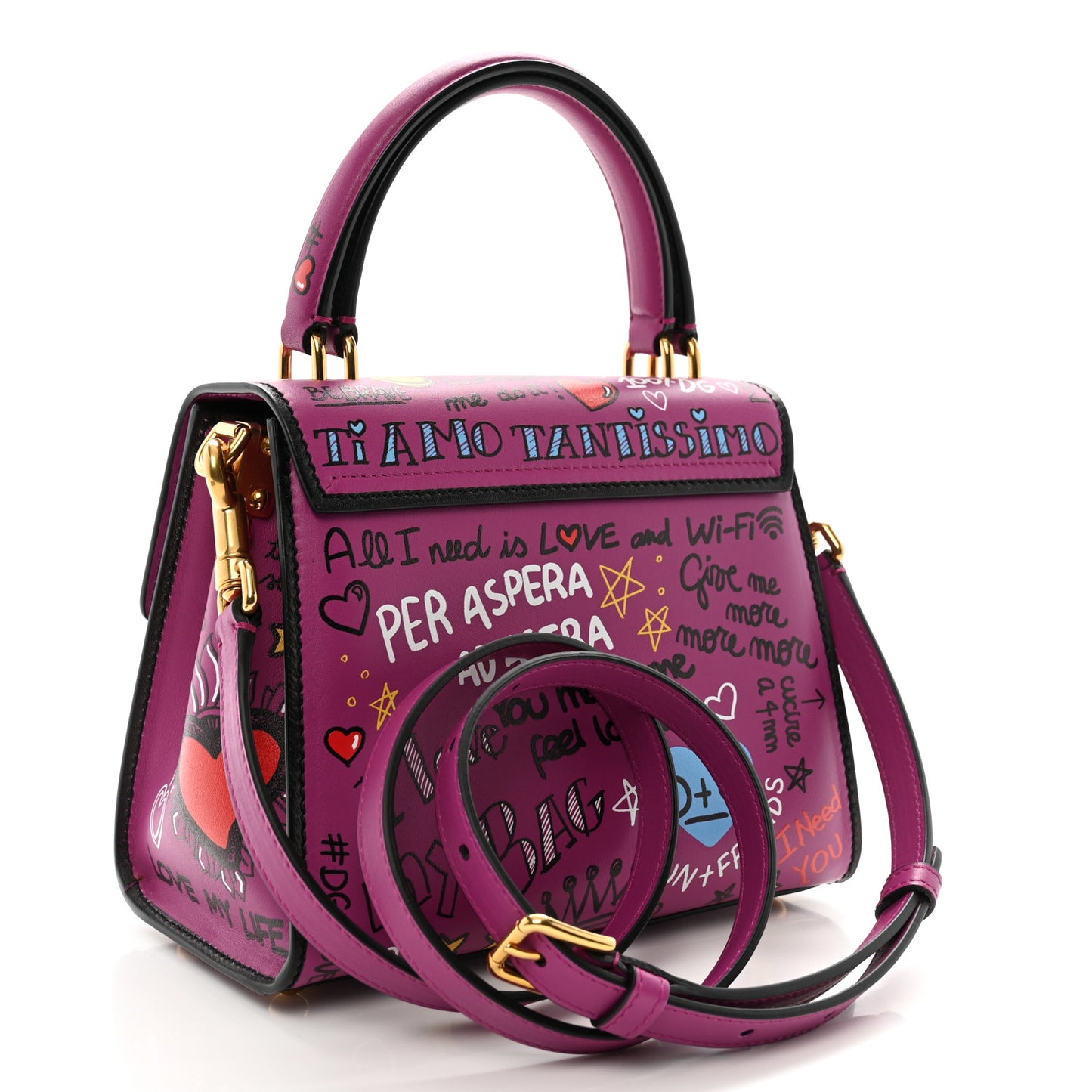 Calfskin Graffiti Printed Welcome Satchel Purple Black