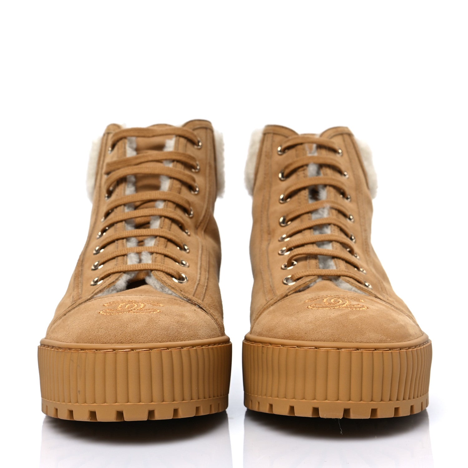 Chanel Kid Suede Shearling Sheepskin Lace Up Boots 41 Beige Ivory 2 of 8