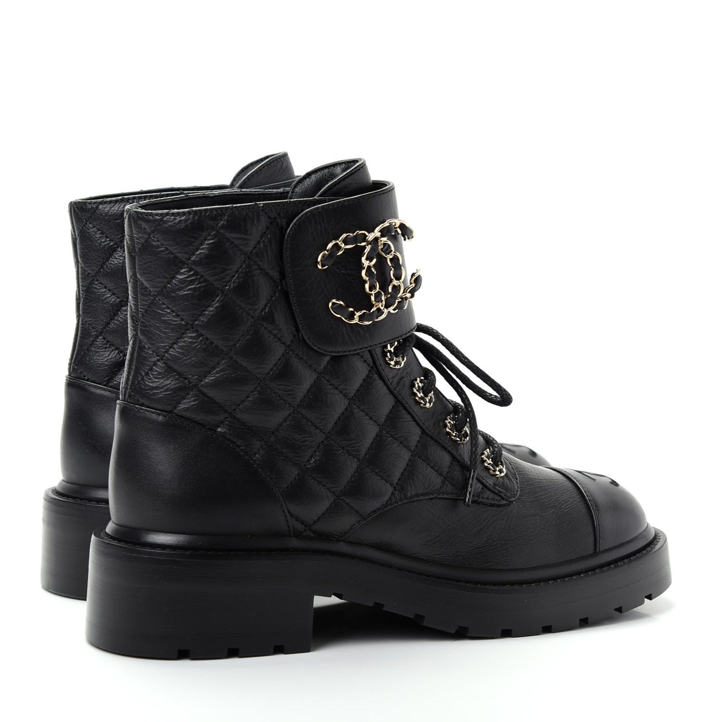 Shiny Goatskin Calfskin Quilted Lace Up Combat Boots 37 Black