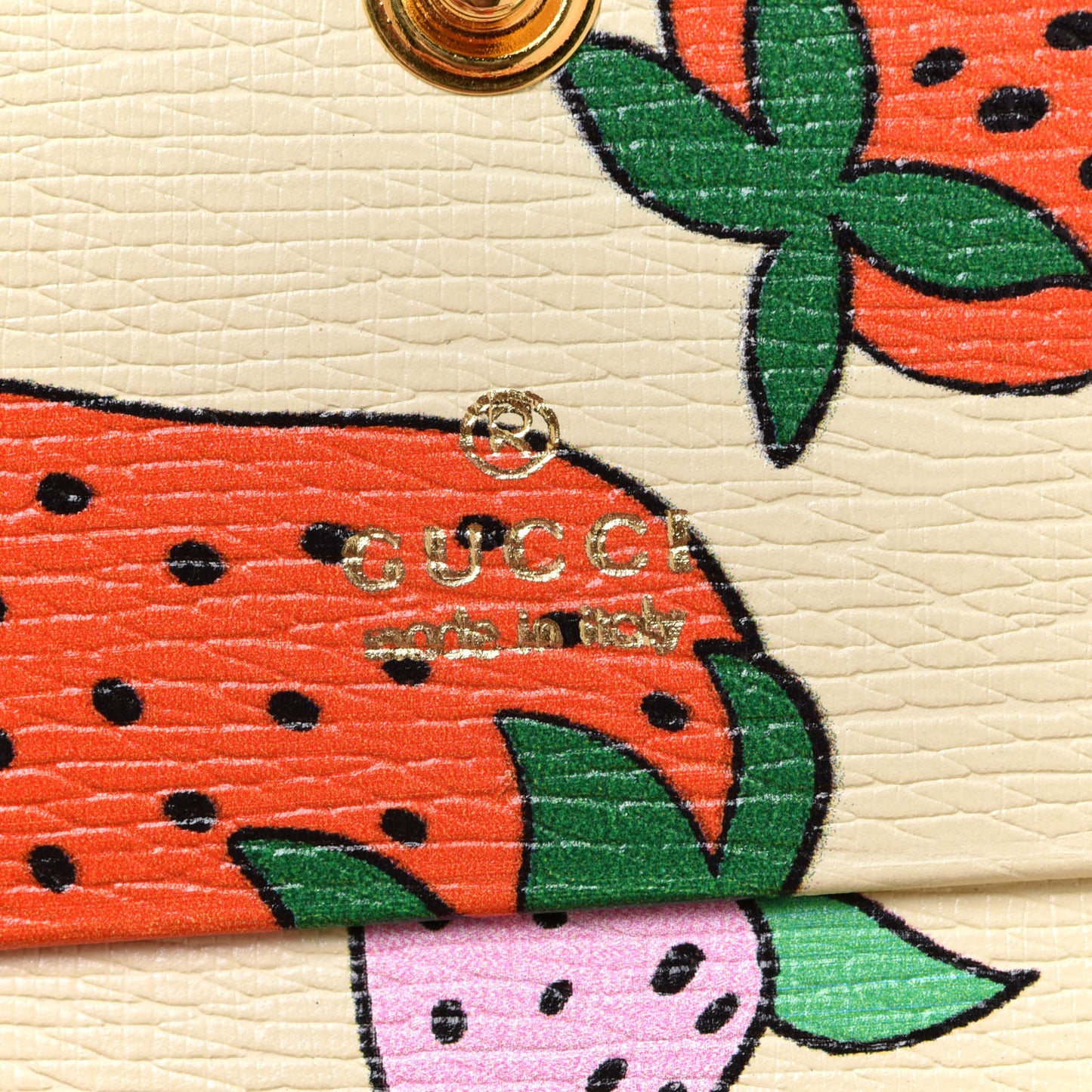 Calfskin Strawberry Print Zumi Chain Card Case Wallet Ivory Red