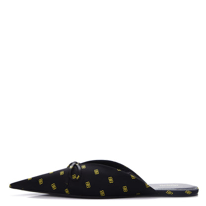 Balenciaga Crepe Satin BB Printed Pointy Toe Knife Flat Mules 39 Black Yellow Fluo 1 of 11