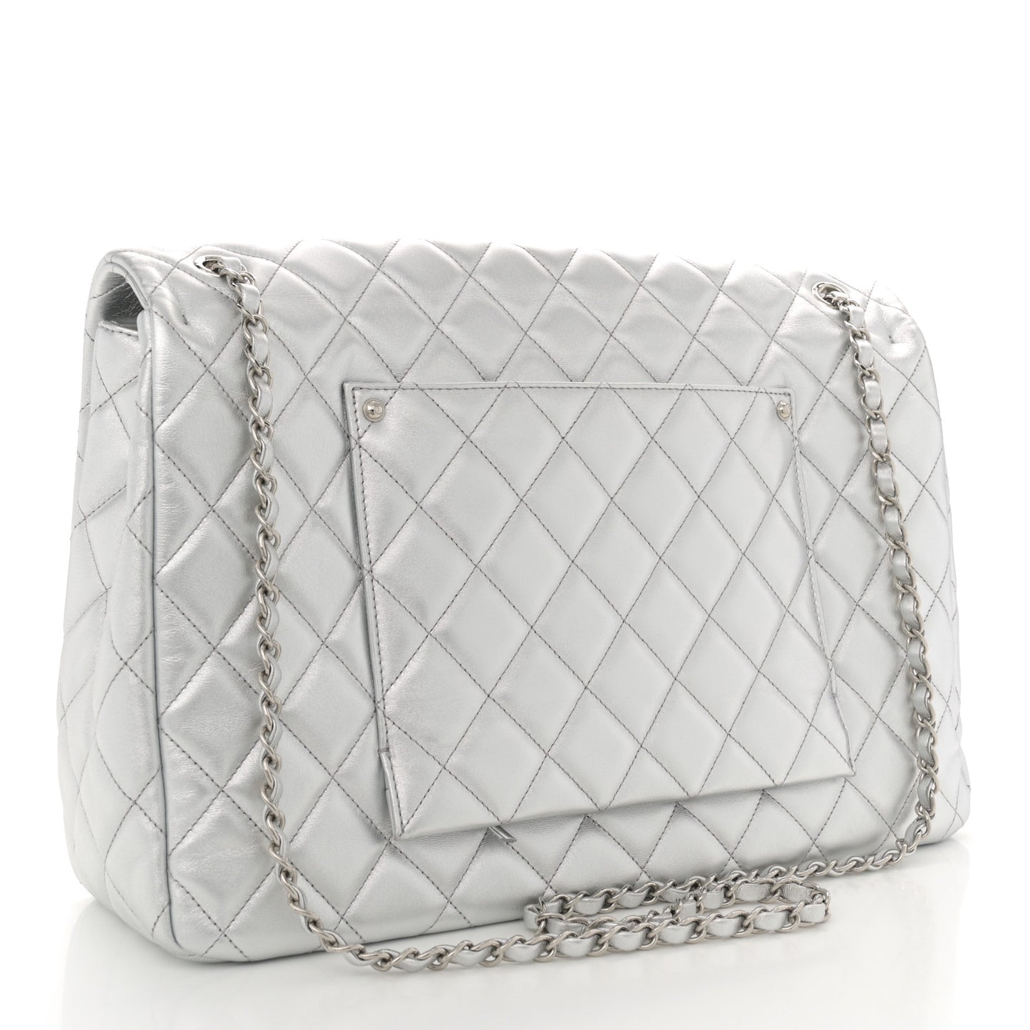 Metallic Lambskin Quilted XXL Travel Flap Bag Silver