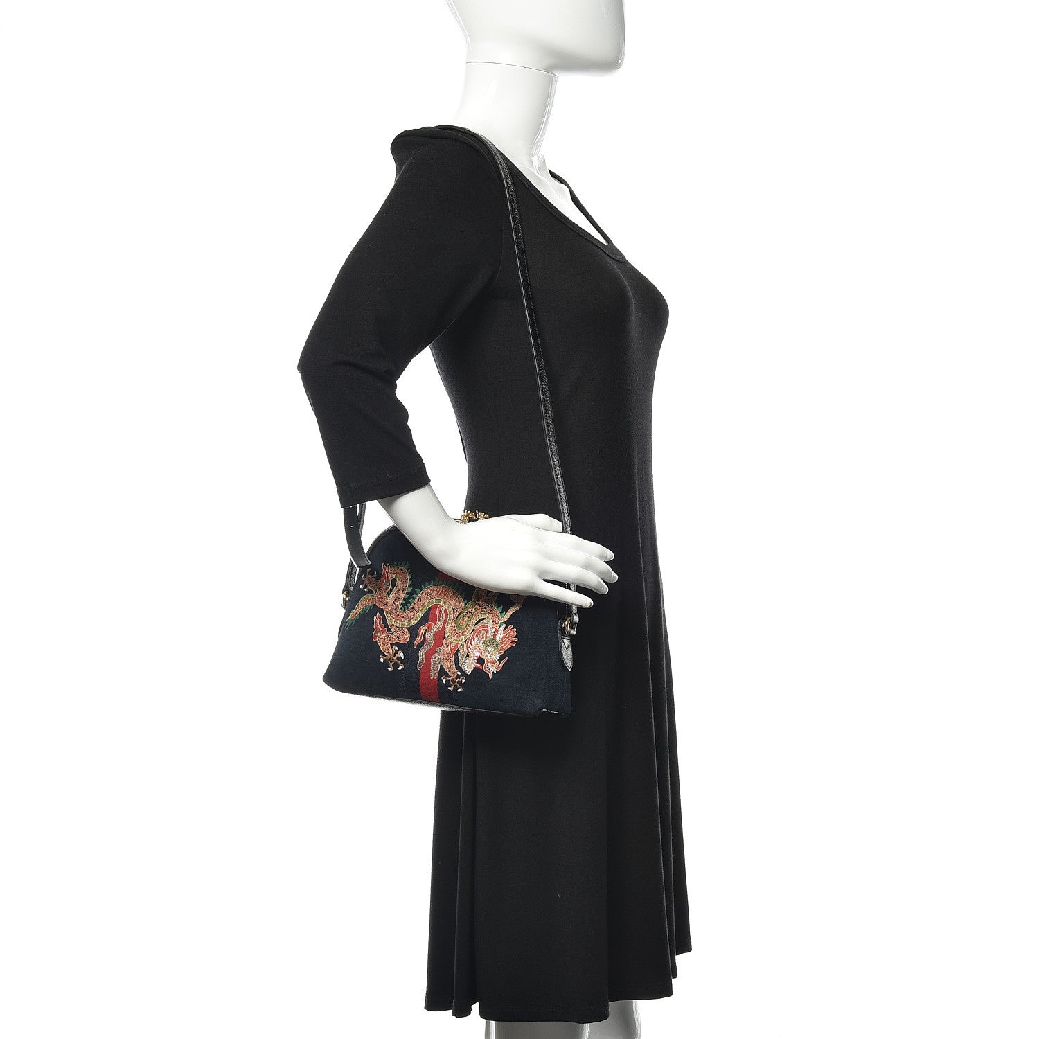 Gucci Suede Patent Dragon Embroidered Small Ophidia Dome Shoulder Bag Blue Multicolor Black 2 of 11
