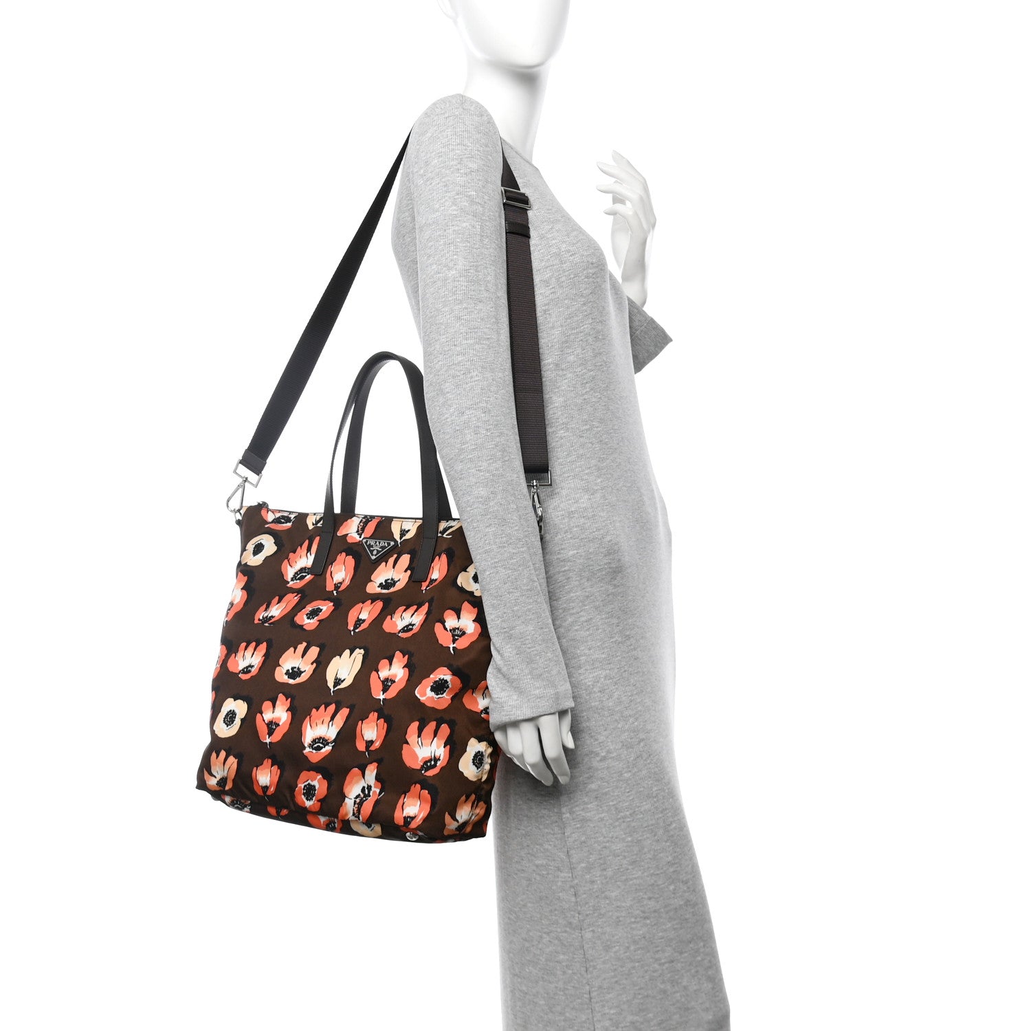 Prada Tessuto Stampato Nylon Saffiano Floral Print Tote Brown Multicolor 2 of 13
