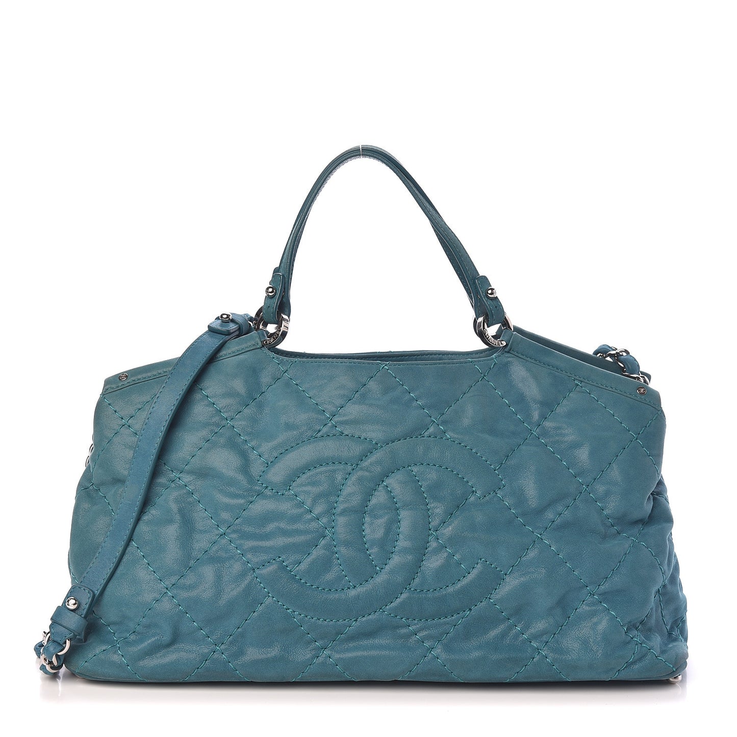 Iridescent Calfskin Quilted Small Sea Hit Tote Turquoise
