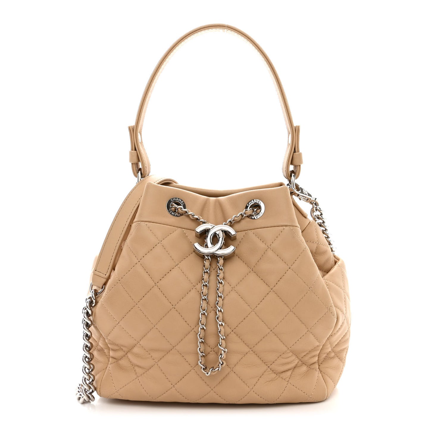 Lambskin Quilted Small CC Chain Bucket Drawstring Bag Light Beige
