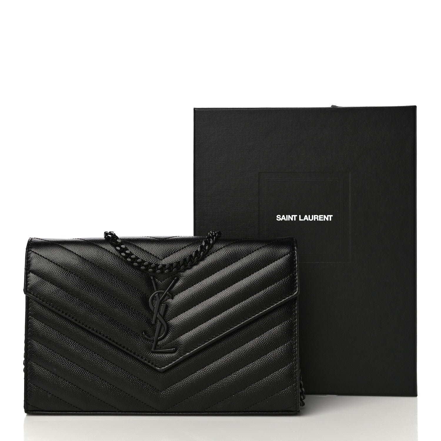 Saint Laurent Grain De Poudre Matelasse Chevron Monogram Chain Wallet Black 17 of 17